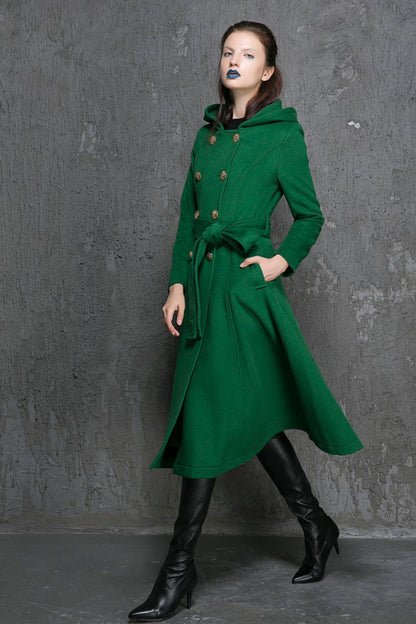 Army Green Wool Coat - Double-Breasted A-Line with Hood 1346