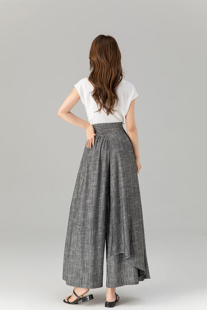 Gray Linen Cotton Wide Leg Wrap Pants - Asymmetrical Ankle | Xiaolizi 4938