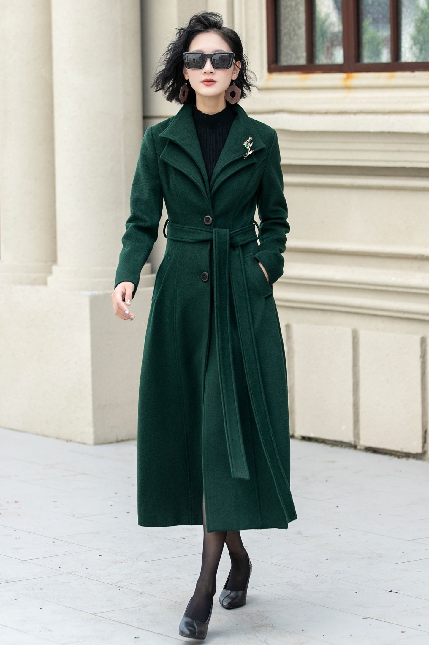 Green long wool trench coat women 5350