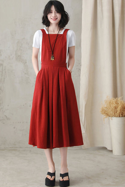 Red Linen Midi Pinafore Dress - Pleated Swing, Square Neckline 2823