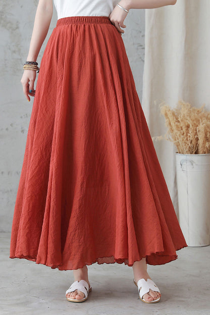 Bohemian Rust Red Linen Maxi Skirt – High-Waist Swing Hem – 2744