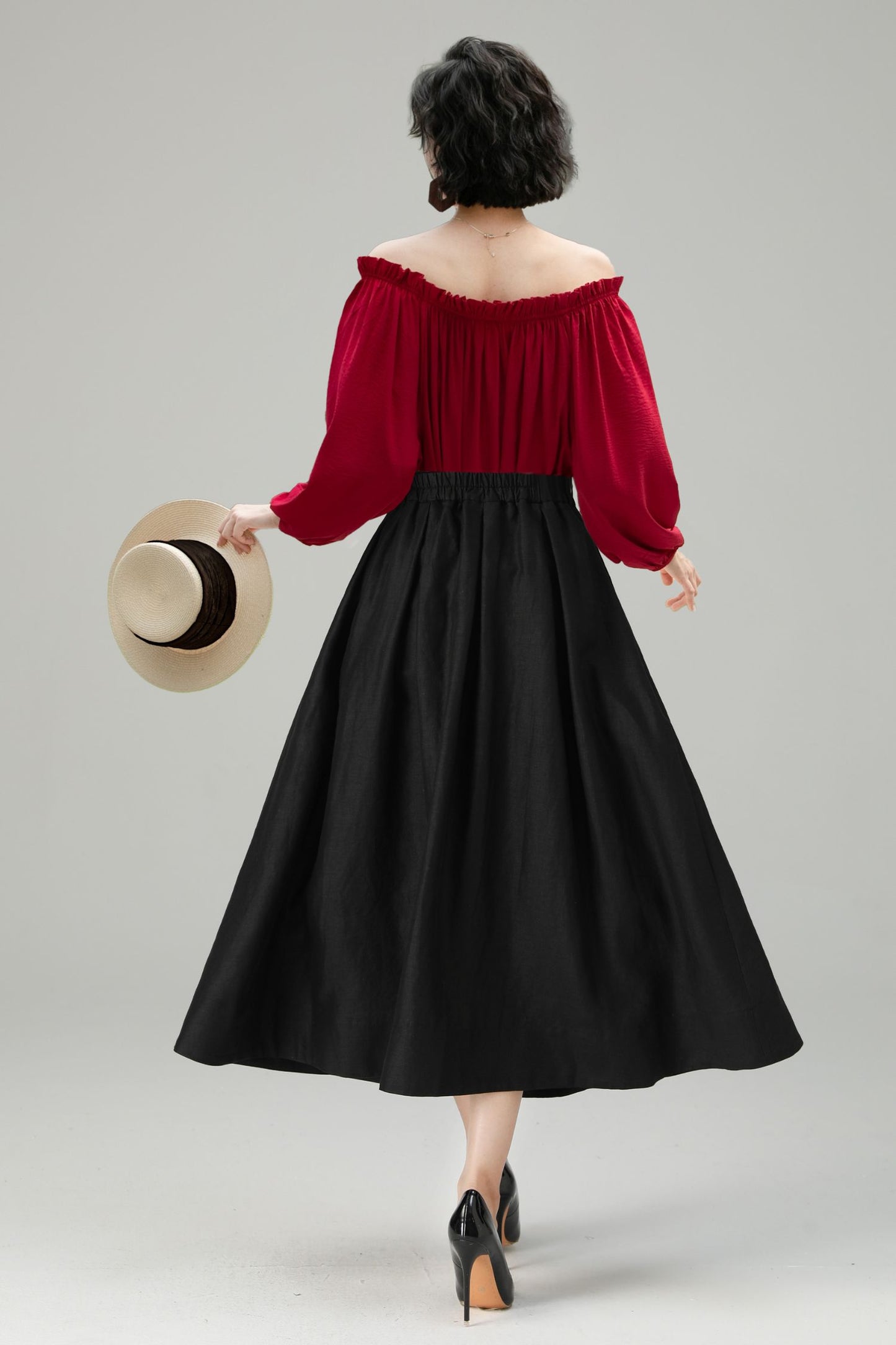 Black Linen Midi Skirt - High Waist A-Line | Xiaolizi 6716