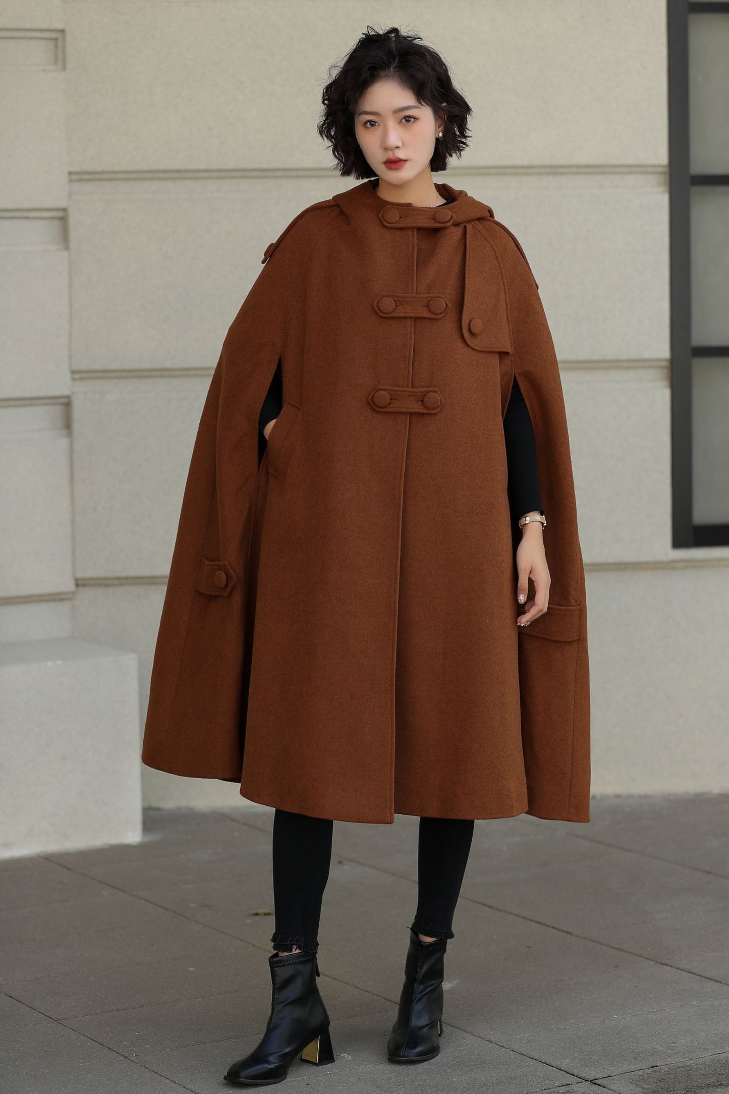 Handmade Wool Hooded Cape – Vintage Winter Cloak Coat with Pockets 6527