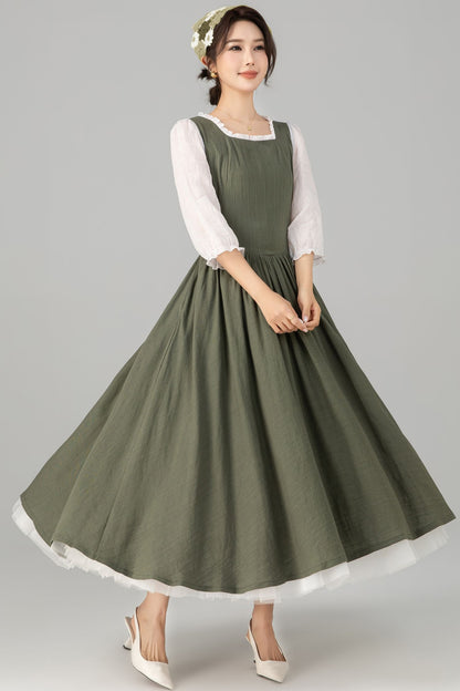 Army Green Linen Cotton Midi Dress - Square Neck Ruffle | Xiaolizi 5705