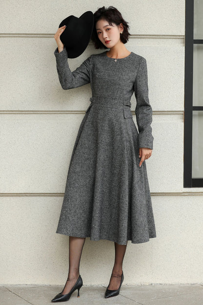 Classic Gray Fit And Flare Wool Dress 6530