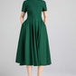 Green fit and flare summer linen dress with pockets 2337