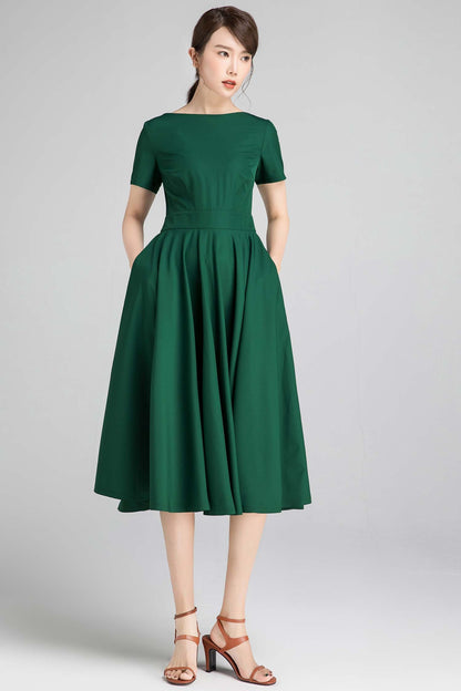 Green Linen Fit and Flare Dress - Pockets and Boat Neck 2337