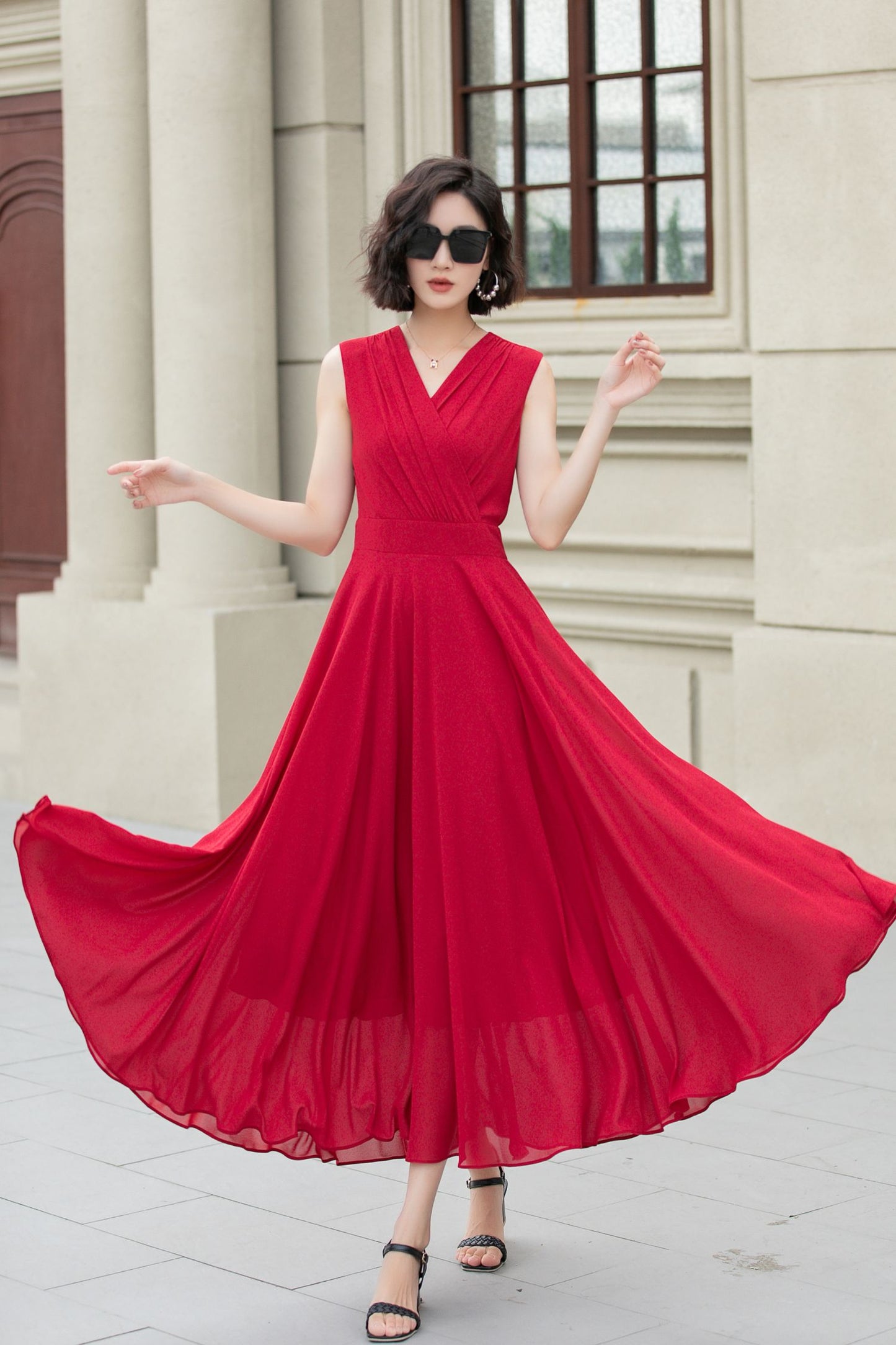 Burgundy sleeves summer prom chiffon dress 5173