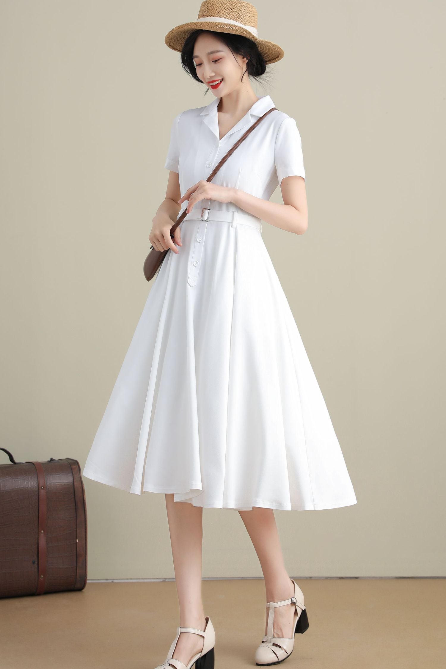 swing midi dress White Linen Cotton Swing Midi Dress - Notched Collar, Belted Waist 3271