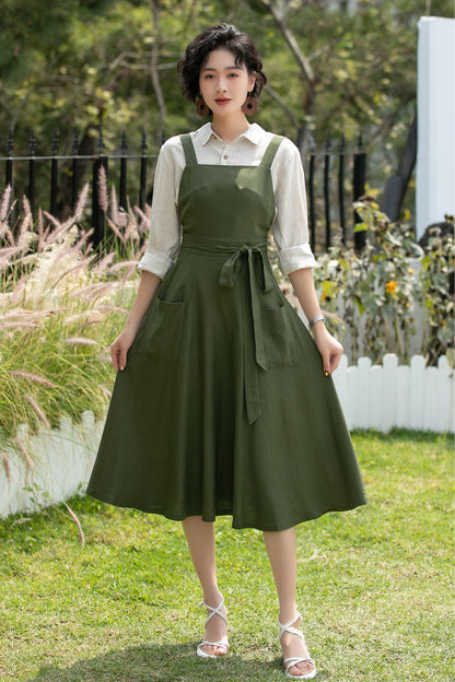 Olive Linen Cotton Pinafore Dress - Midi Fit Flare | Xiaolizi 6745