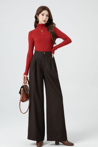 Brown Wool Wide Leg Pants - Soft Lined Winter Essential 5318