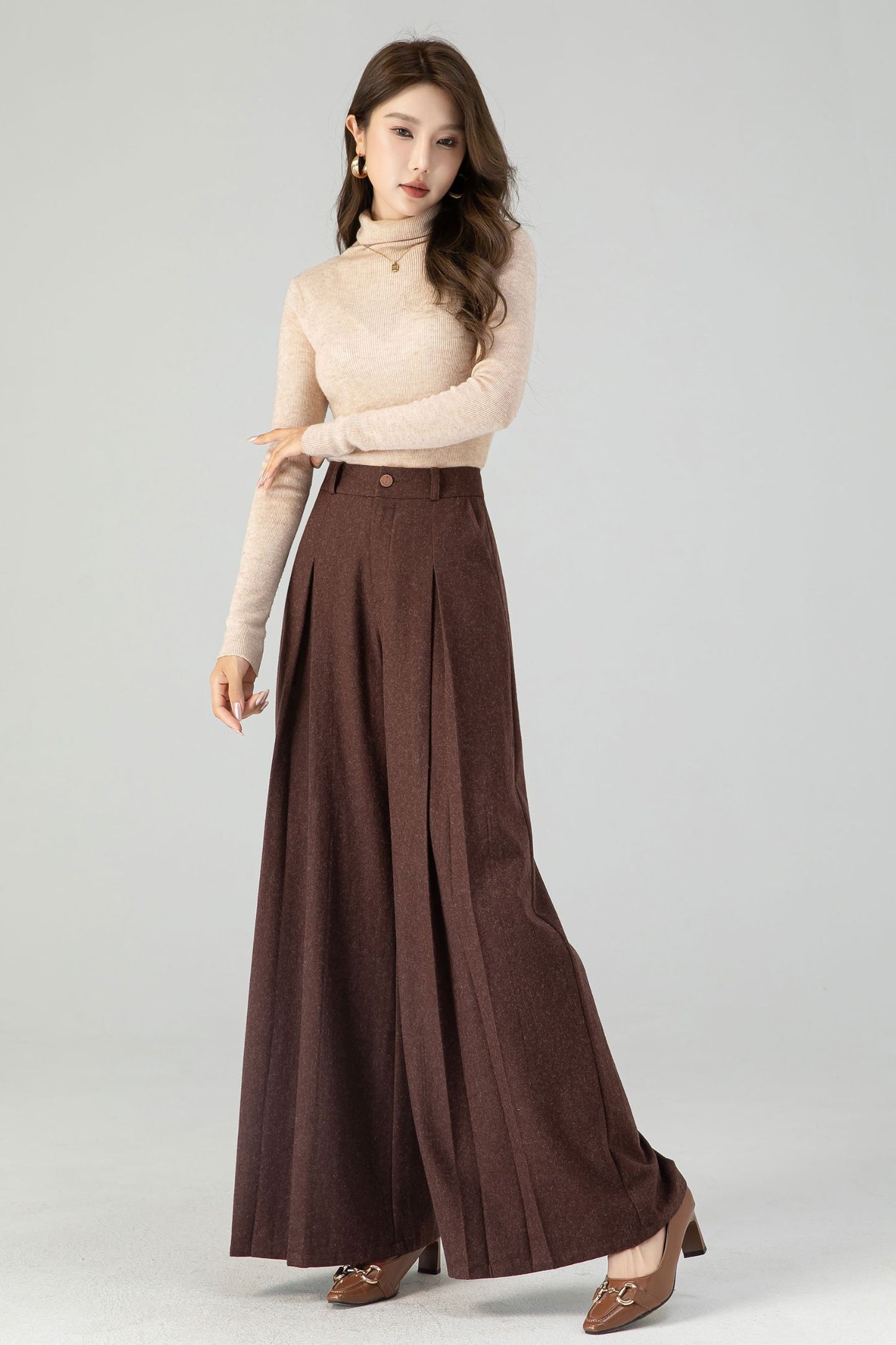 Brown wide leg long wool pants women 4554