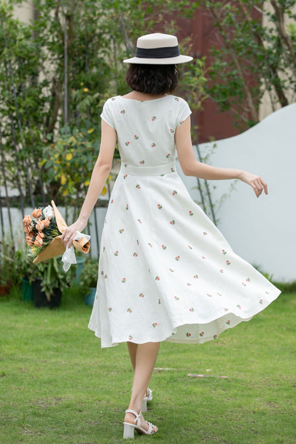 White Linen Fit and Flare Dress - Embroidered, Square Neckline 5203