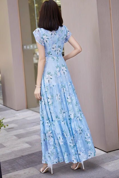 Blue Chiffon Maxi Dress - Floral Print, Cape Sleeves 5042