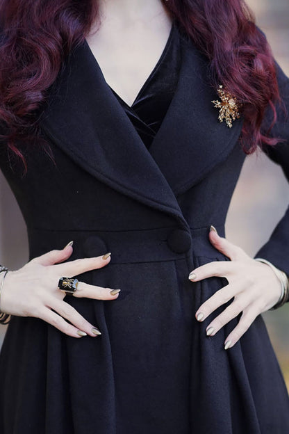 Vintage Black Wool Blend Coat – Elegant Double-Breasted Fit & Flare Maxi Coat | Xiaolizi 3394