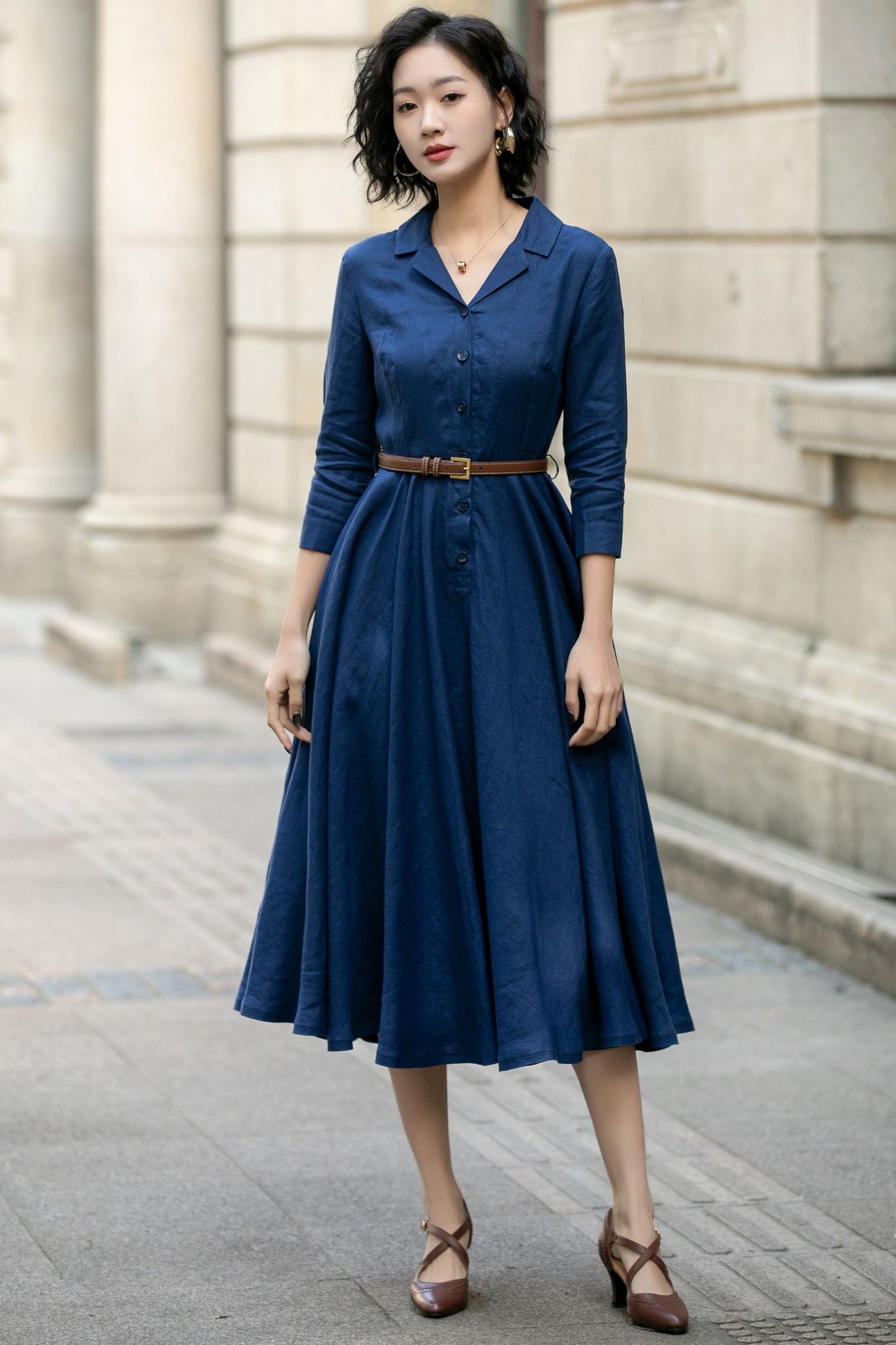 Navy shirt linen dress for women 5682