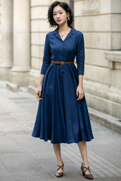 Navy Linen Shirt Dress for Women, Xiaolizi Belted A-Line Dress 5682