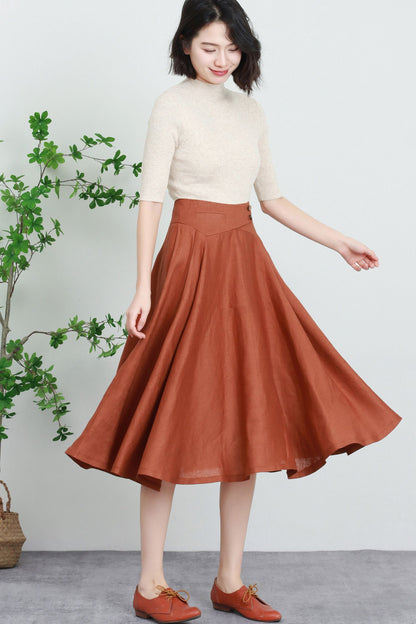 Rust Linen A-Line Midi Skirt - Flowing Circle Hem with Waist Buttons 5730