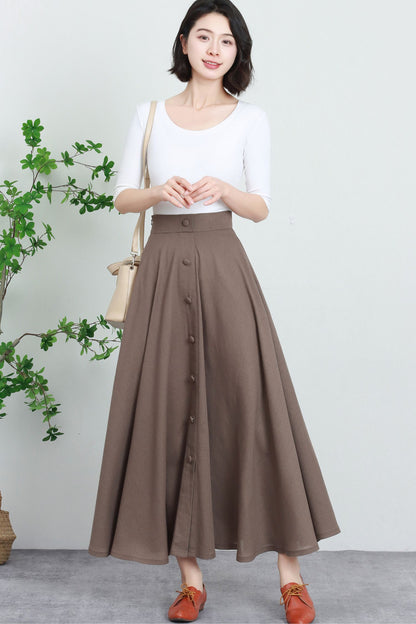 Beige Linen Cotton Maxi Skirt - High Waist Button Front 5731