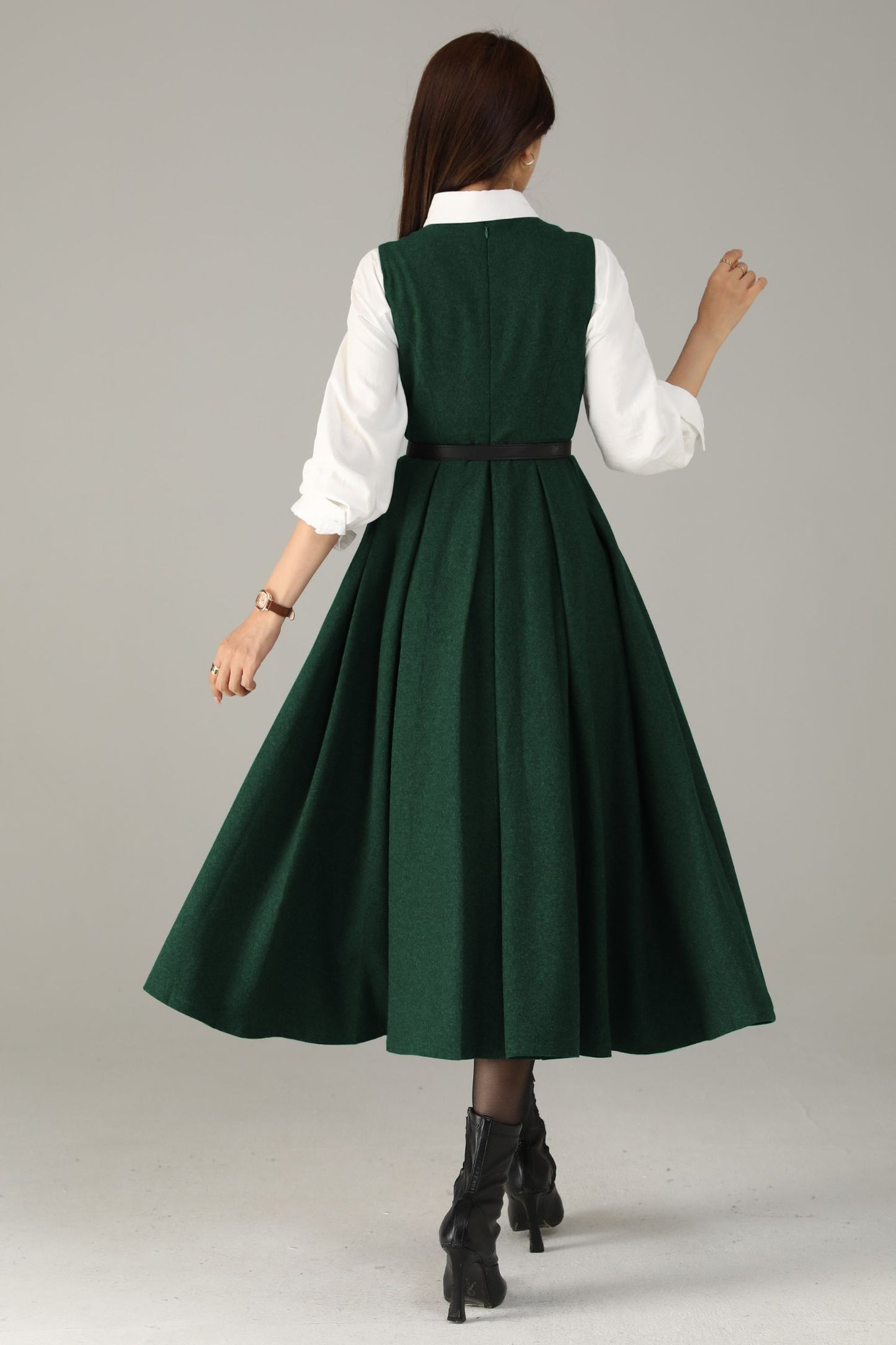 Dark Green Wool Midi Dress – Sleeveless V-Neck A-Line Winter Dress | Xiaolizi 6591