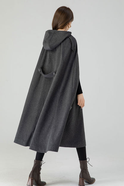 Handmade Dark Gray Wool Hooded Cape – Vintage Winter Cloak Coat with Pockets 4558