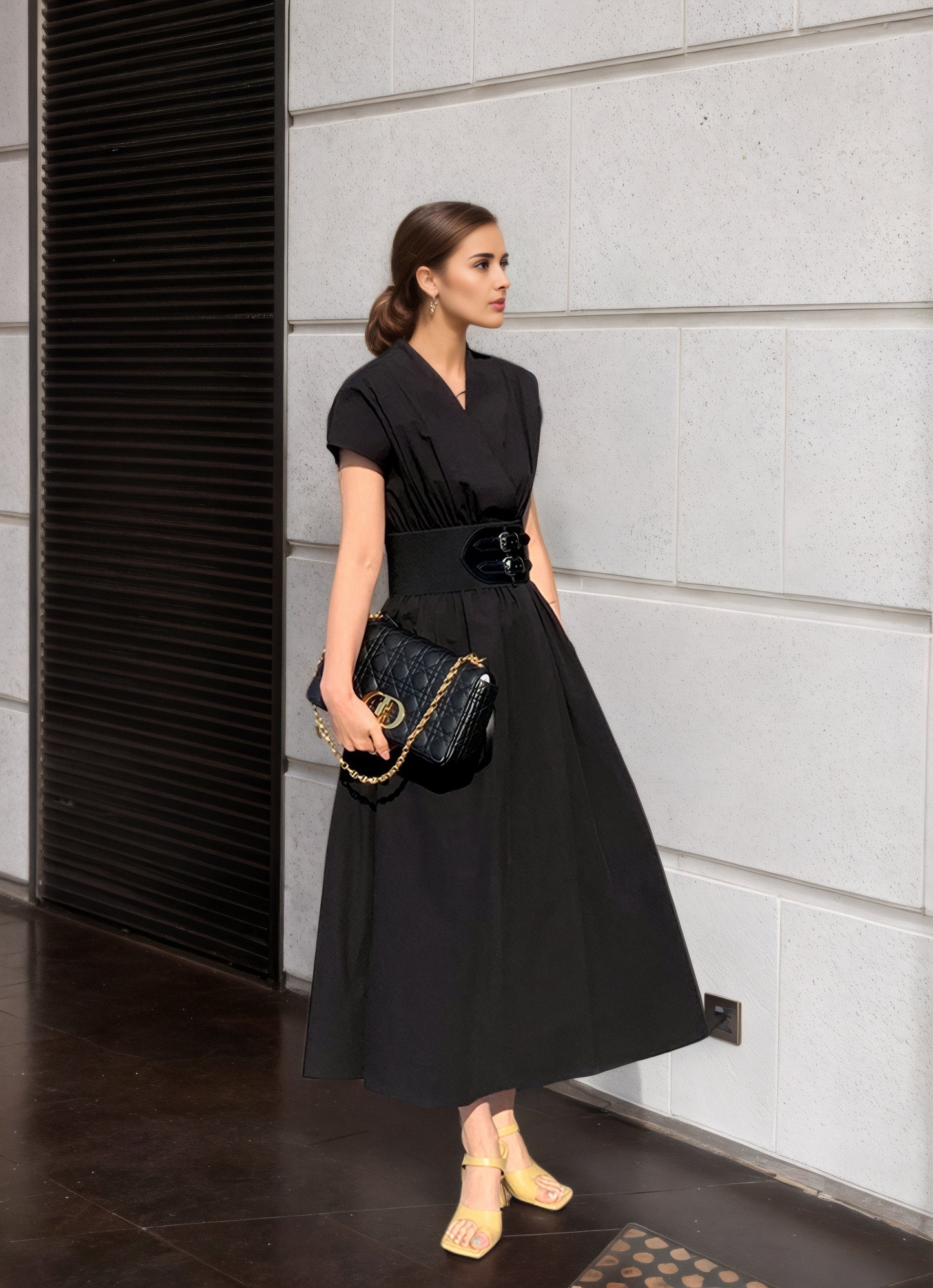 Black Linen Wrap Dress – Short Sleeve Midi Dress with Belt & Pockets 6674