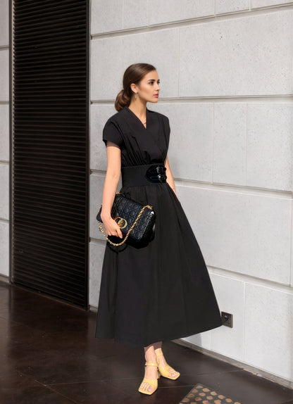 Black Linen Wrap Dress – Short Sleeve Midi Dress with Belt & Pockets 6674