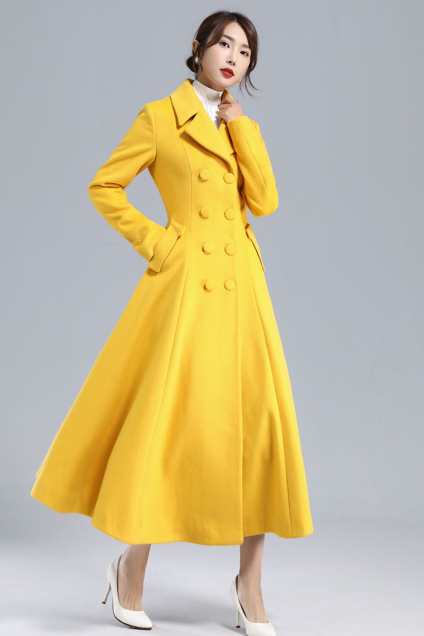 Yellow Winter Long Wool Coat Women 3234