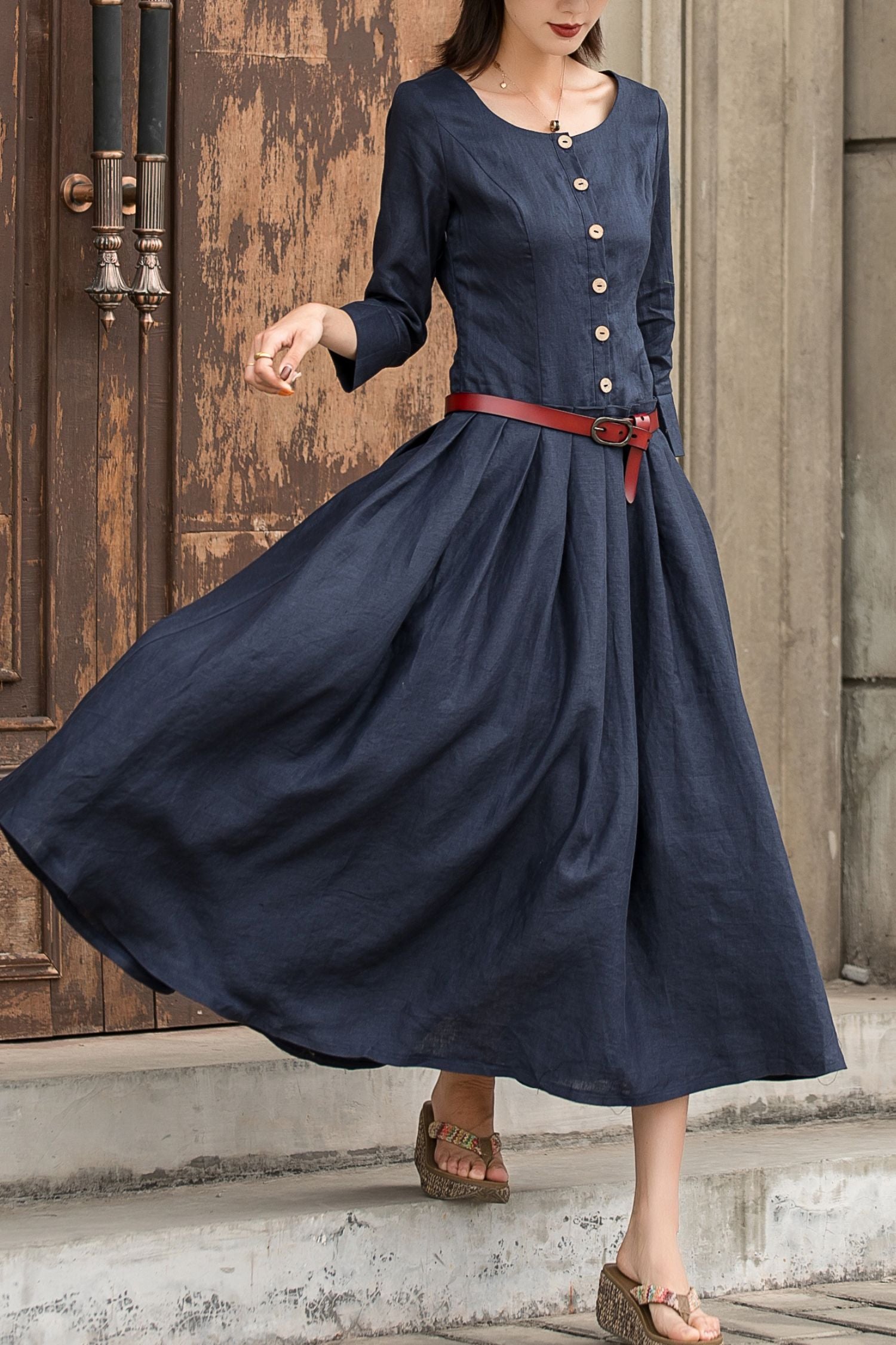 Navy Linen Maxi Dress - Drop Waist 3/4 Sleeves Pockets | Xiaolizi 2742