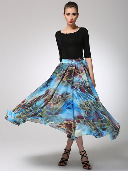 Abstract Print Chiffon Maxi Skirt for Women with Elastic Waist | Xiaolizi 1294