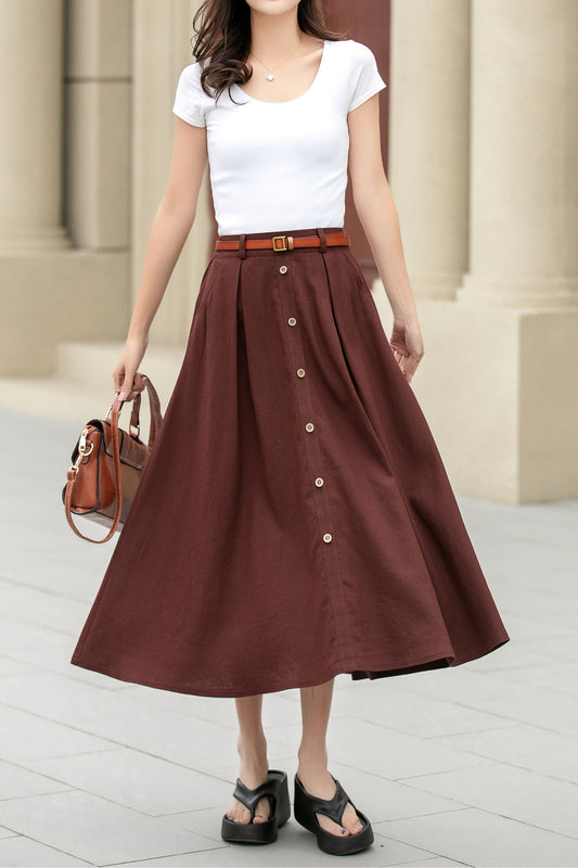 A line brown button front midi linen skirt 4949