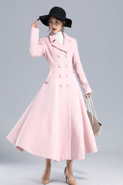 Romantic Pink Wool Blend Coat – Winter Double Breasted Overcoat 3240