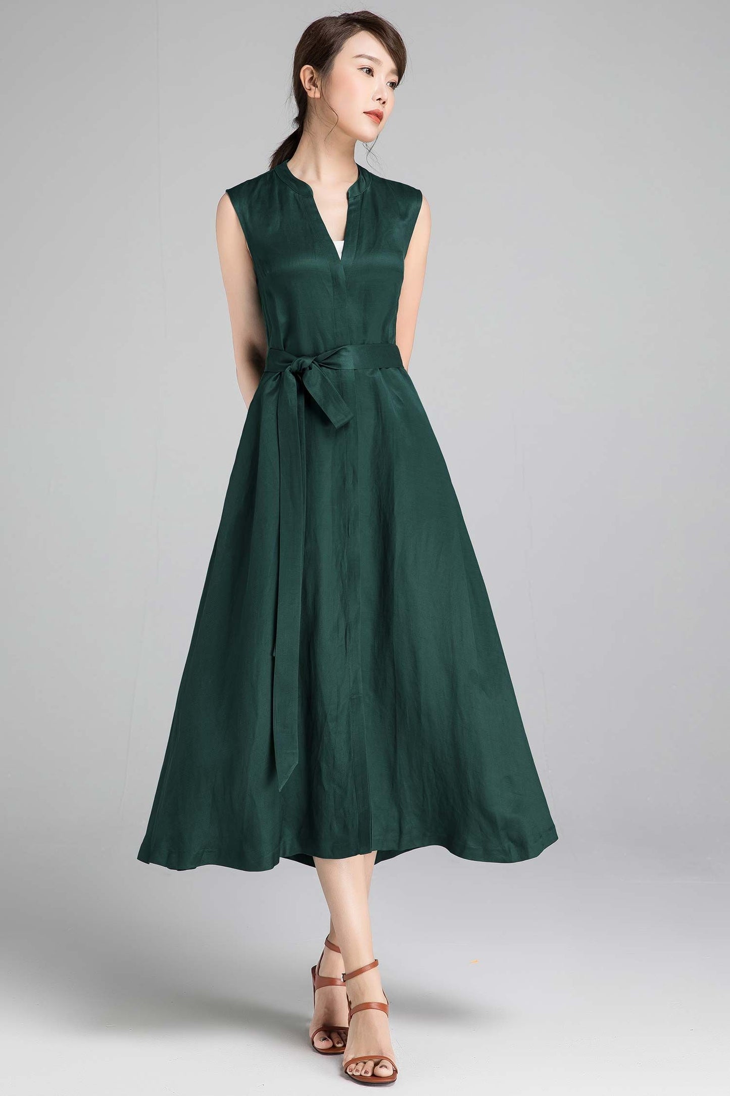 Sleeveless maxi green linen dress for women 2333