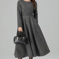 Handmade Dark Gray Wool Midi Dress – Long Sleeve Fit and Flare | Xiaolizi 6390