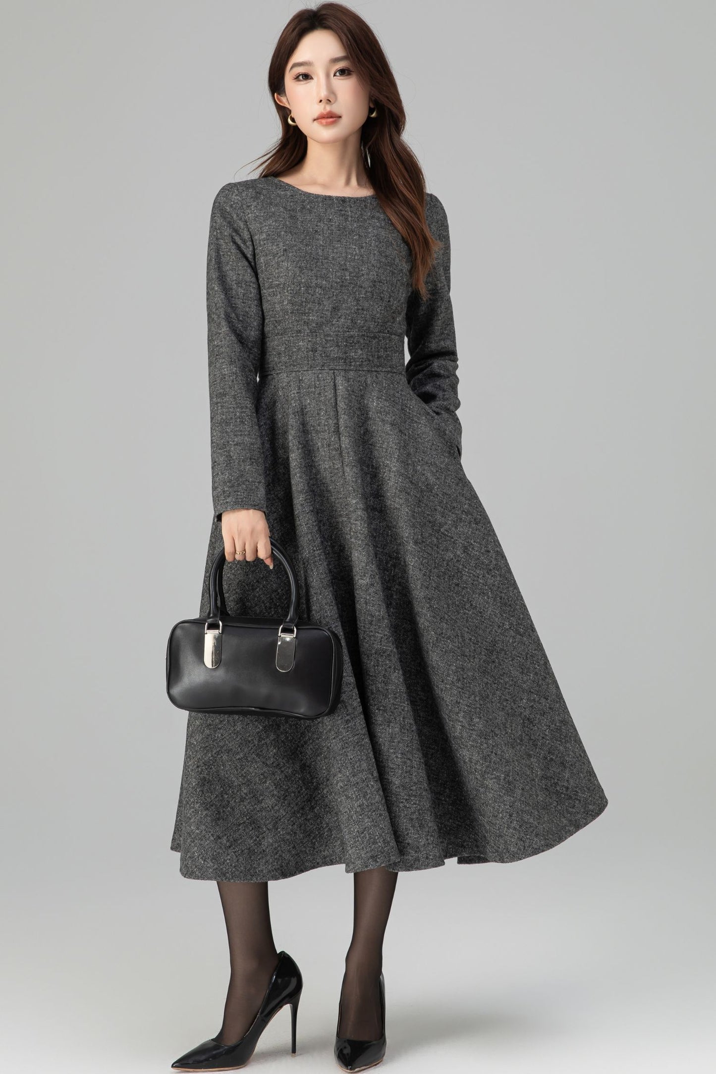 Handmade Dark Gray Wool Midi Dress – Long Sleeve Fit and Flare | Xiaolizi 6390