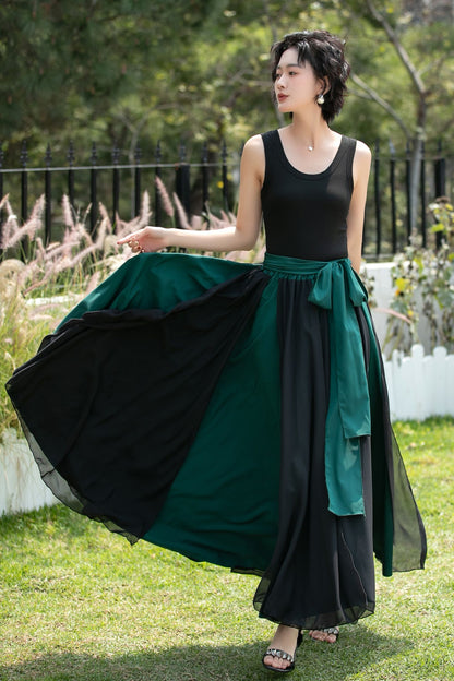 Black and Emerald Green Chiffon Maxi Skirt | Xiaolizi 6741