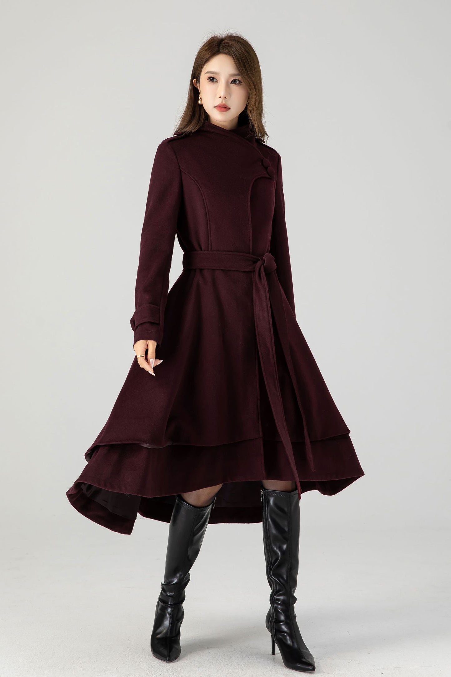 Burgundy Midi Asymmetrical Winter Wool coat 4603