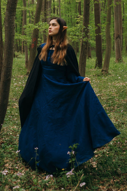 Navy Linen Maxi Dress - Fitted Waist with Square Neckline 3484