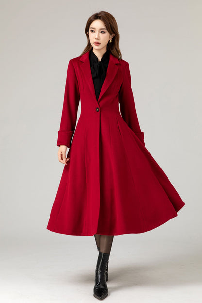 Red Wool Princess Coat - Fitted Waist, Flared Silhouette 5480