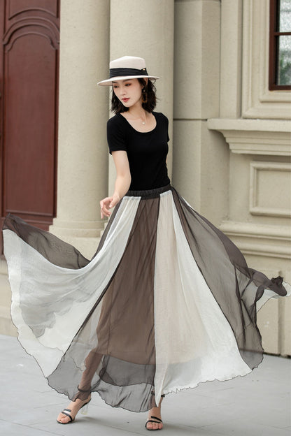 Black and Beige Chiffon Maxi Skirt - Bohemian A-Line Swing 5106