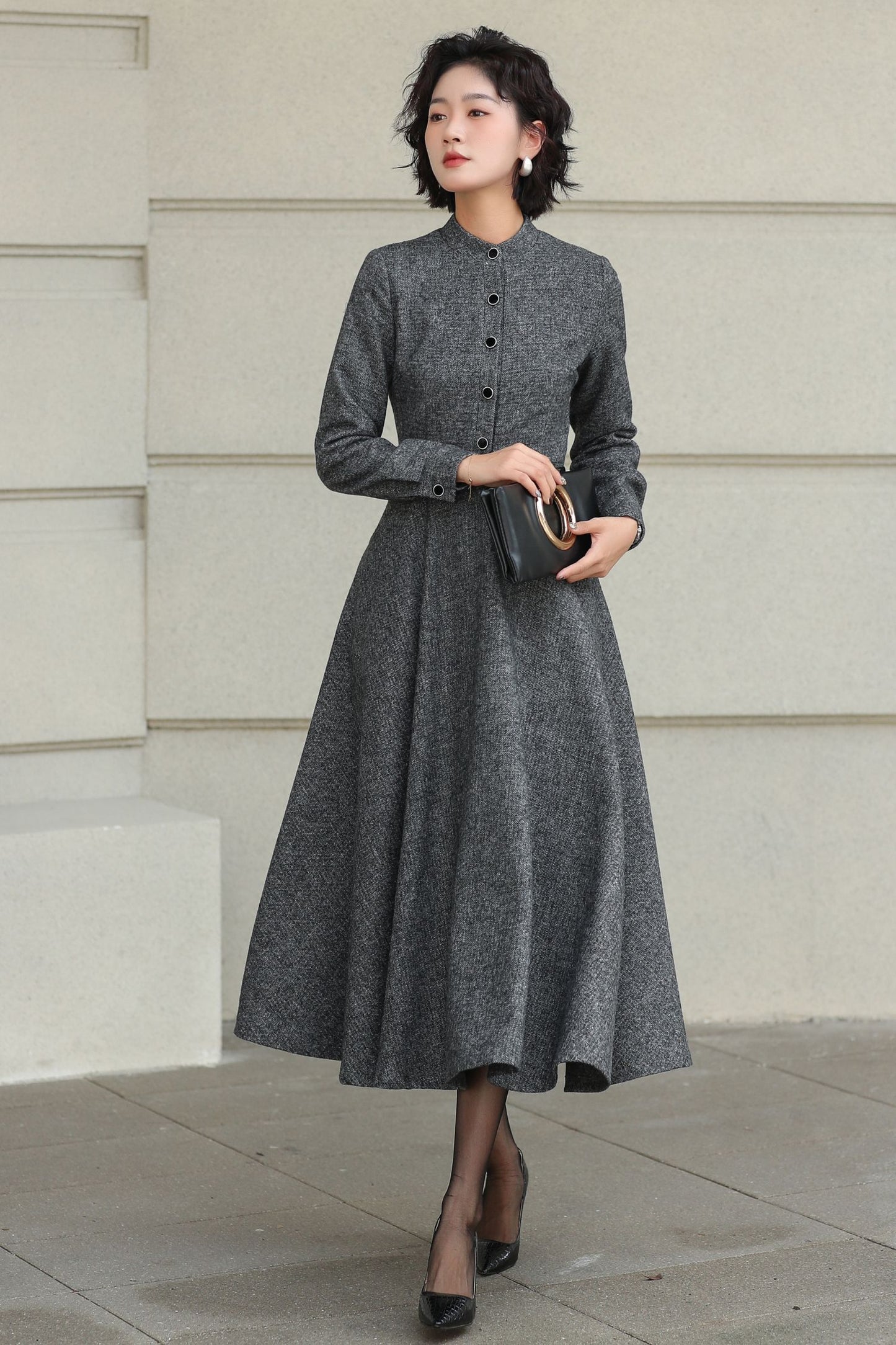 Wool A-Line Midi Gray Belted Vintage Style Dress 6508