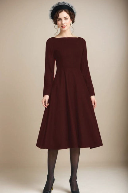 Black Wool Dress - Long Sleeve Boat Neck Midi Fit & Flare 5226