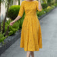 Yellow Linen Cotton Midi Dress – Vintage Fit & Flare with Pockets 6668