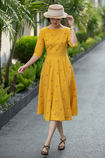 Yellow Linen Cotton Midi Dress – Vintage Fit & Flare with Pockets 6668 -Size XS #CK2600011