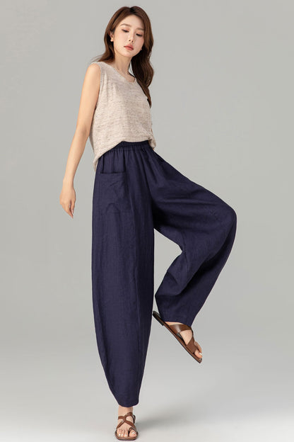 Navy Linen Cotton Wide Leg Pants - Lantern Silhouette with Pockets 4907