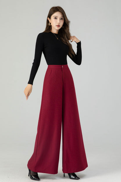 High waist burgundy wide leg long wool pants 4553