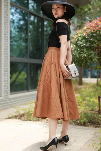 Handmade Camel Linen Midi Skirt – High Waist A-Line Flared Skirt | Xiaolizi 2194