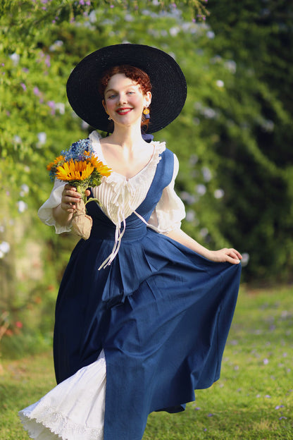 Blue Linen Cotton Pinafore Dress - Deep V-Neck, Swing Silhouette 5213