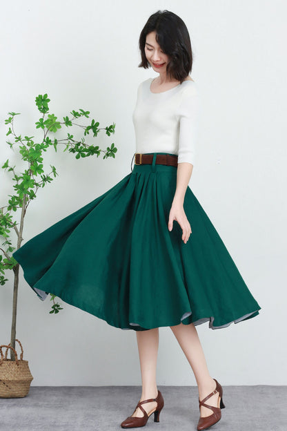 Emerald Green Linen Midi Skirt - Pleated High Waist Swing 5737