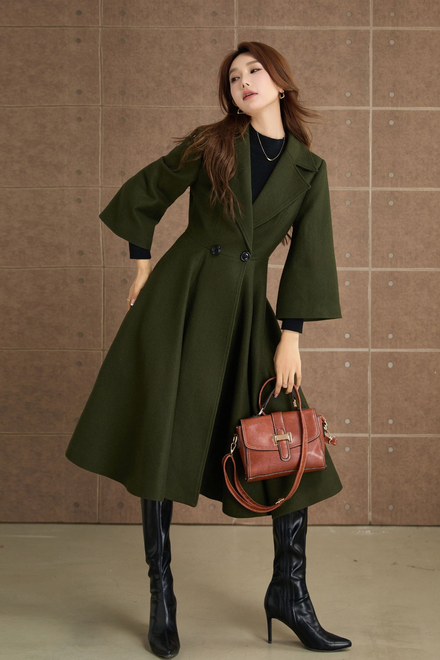 Green princess long winter wool coat 5364